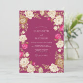 Invitation Mariage Floral Crème Magenta (Debout devant)