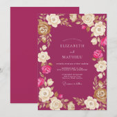 Invitation Mariage Floral Crème Magenta (Devant / Derrière)