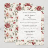 Invitation Mariage Floral Crème Rouge Assez Chic (Devant / Derrière)