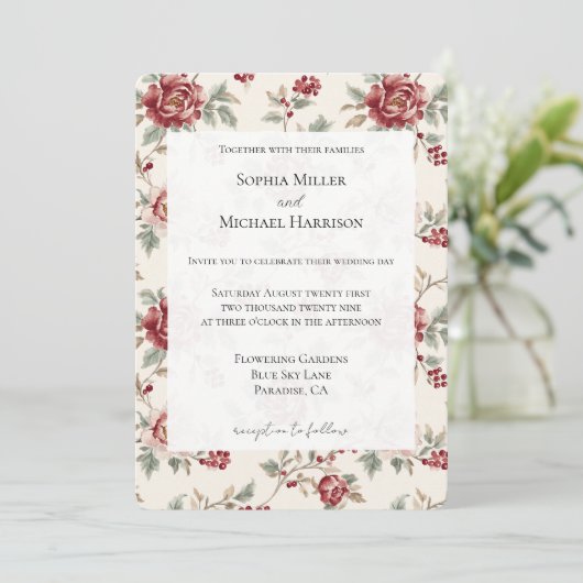 Invitation Mariage Floral Crème Rouge Assez Chic (Debout devant)