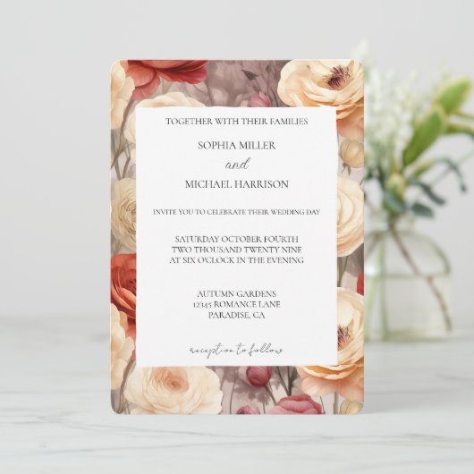 Invitation Mariage Floral Crème Rouge Romantique (Debout devant)