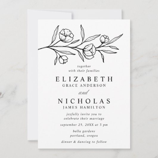 Invitation Mariage floral croisé blanc et noir (Devant)