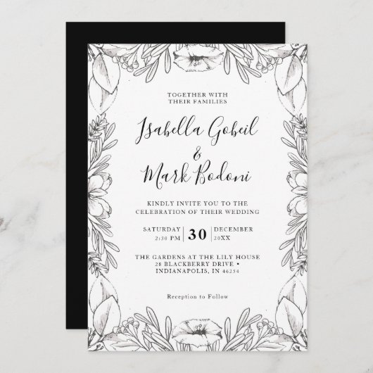 Invitation Mariage floral croisé Rustique noir (Devant / Derrière)