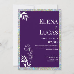 Invitation Mariage floral croquis blanc violet paillettes arg