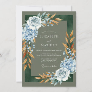 Invitation Mariage Floral Cuivre Bleu Poussiéreux