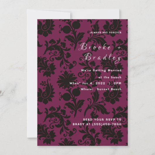 Invitation Mariage Floral Damask Rose Foncé (Devant)
