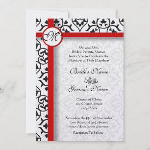 Invitation Mariage Floral Damassé Vintage Noir et Blanc