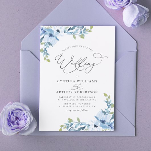 Invitation mariage floral d'aquarelle bleu clair botanique