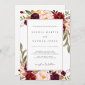 Invitation Mariage floral d'aquarelle de Bourgogne (Devant / Derrière)