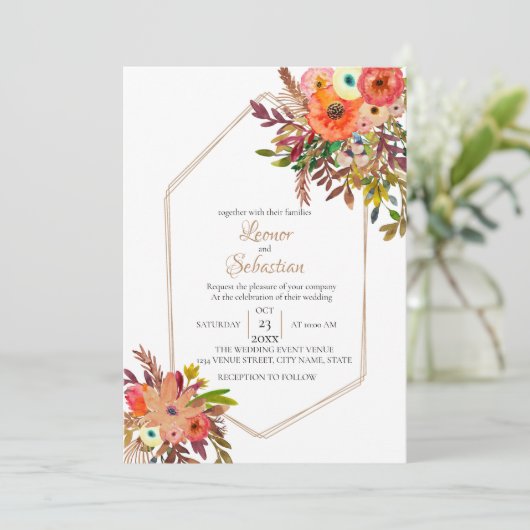Invitation Mariage floral d'aquarelle géométrique automne (Debout devant)