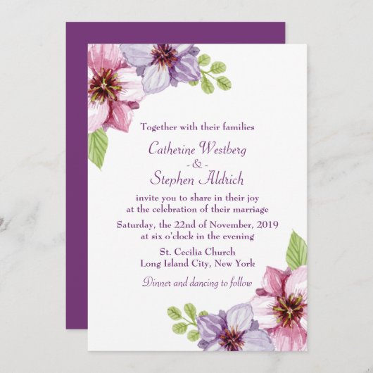 Invitation Mariage Floral d'aquarelle violette (Devant / Derrière)