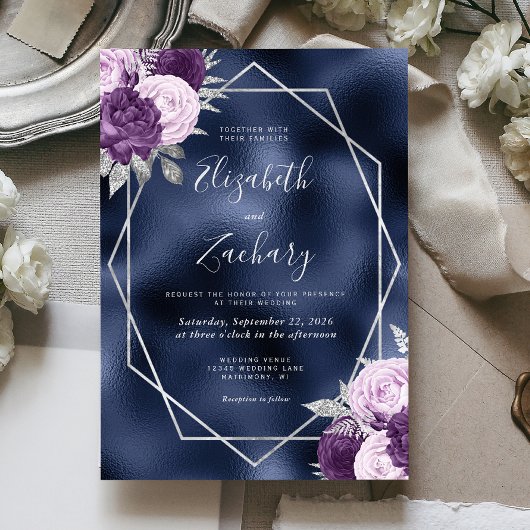 Invitation Mariage floral d'argent violet Lilac