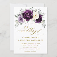 Mariage floral d'aubergine violet Plum ivoire or