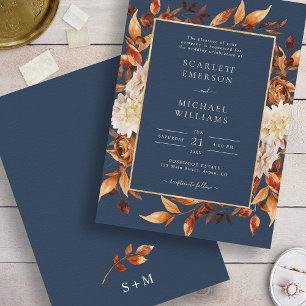 Invitation Mariage Floral d'Automne Bleu Marine