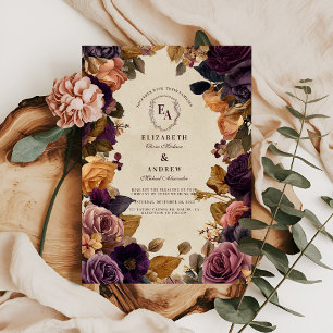 Invitation Mariage floral d'automne de Bourgogne et d'or