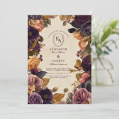 Invitation Mariage floral d'automne de Bourgogne et d'or (Debout devant)