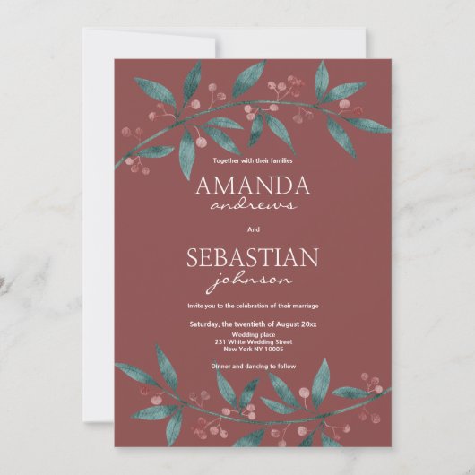 Invitation Mariage floral de baies bordeaux vert forêt (Devant)