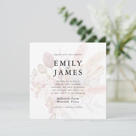 Invitation Mariage floral de Boho Beige Neutre Rustique (Debout devant)