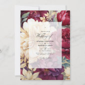 Invitation Mariage floral de Bourgogne, d'ivoire et d'or (Devant)