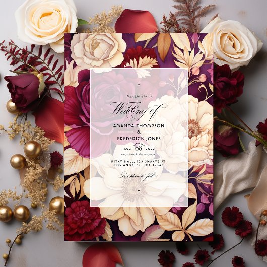 Invitation Mariage floral de Bourgogne, d'or et d'ivoire