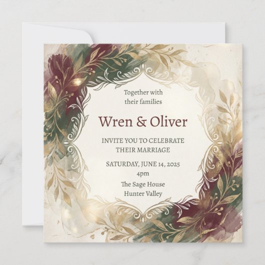 Invitation Mariage floral de Bourgogne doré (Devant)