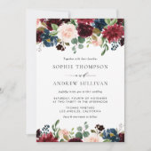 Invitation Mariage floral de Bourgogne et bleu (Devant)
