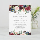 Invitation Mariage floral de Bourgogne et bleu (Debout devant)