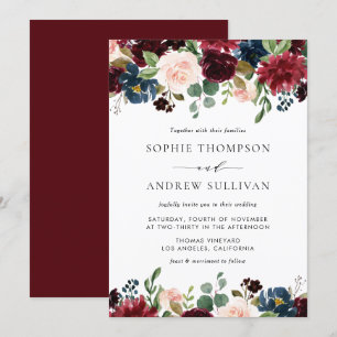 Invitation Mariage floral de Bourgogne et bleu
