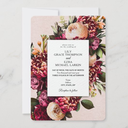 Invitation Mariage floral de Bourgogne et de Blush (Devant)