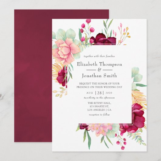 Invitation Mariage floral de Bourgogne et de Blush (Devant / Derrière)
