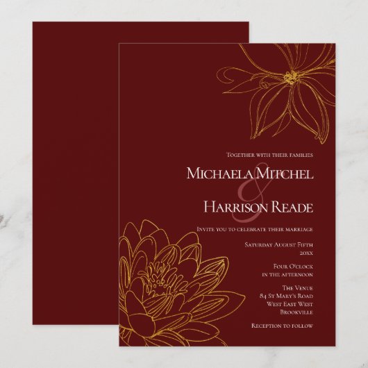 Invitation Mariage floral de Bourgogne et d'or (Devant / Derrière)