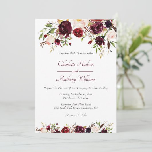 Invitation Mariage floral de Bourgogne profonde avec RSVP (Debout devant)