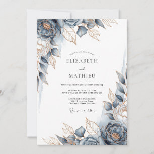 Invitation Mariage Floral de Bronze Bleu Poussiéreux Régence