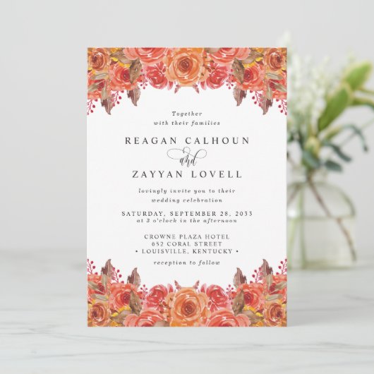 Invitation Mariage floral de Burgundy Terracotta Fall (Debout devant)