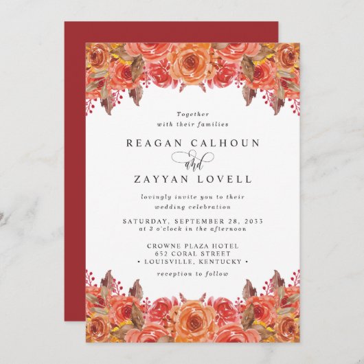 Invitation Mariage floral de Burgundy Terracotta Fall (Devant / Derrière)