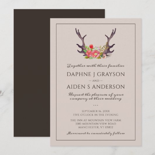 Invitation Mariage Floral de Cerf de Camp (Devant / Derrière)