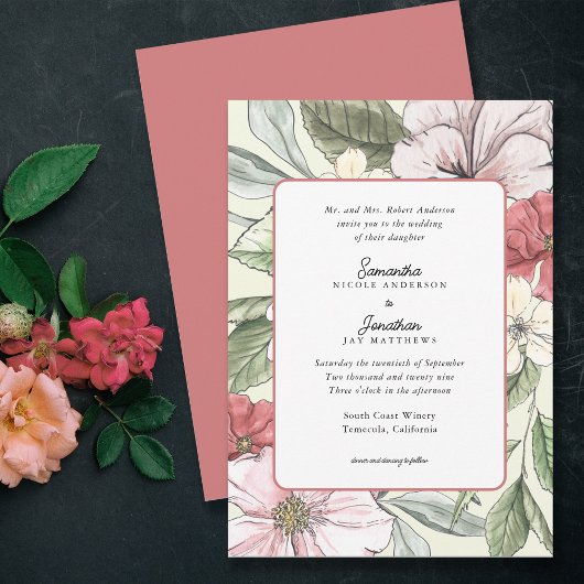 Invitation Mariage floral de chute rose et de neige