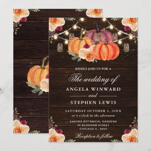 Invitation Mariage Floral de Citrouilles Orange Automne Rusti (Devant / Derrière)