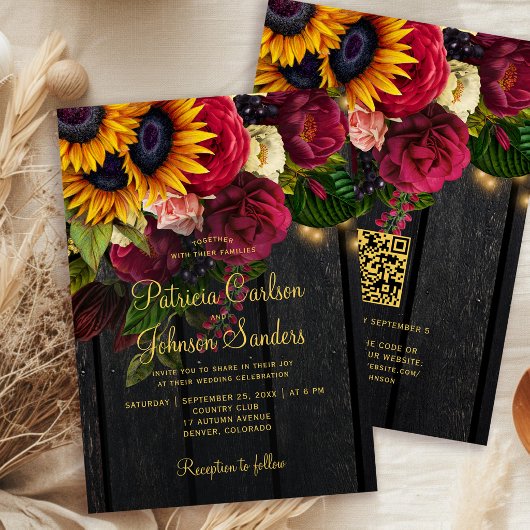 Invitation Mariage floral de code QR en bois de grange de cam
