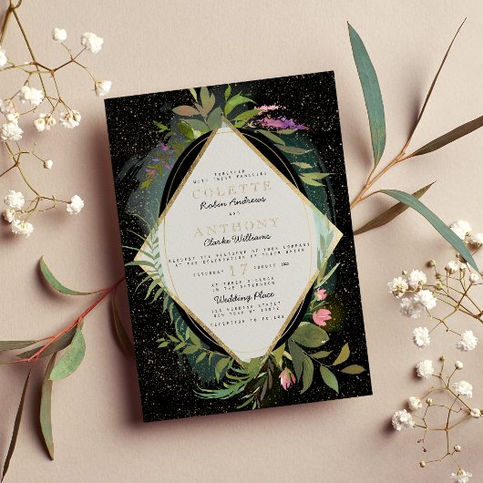 Invitation Mariage floral de confetti rose noir