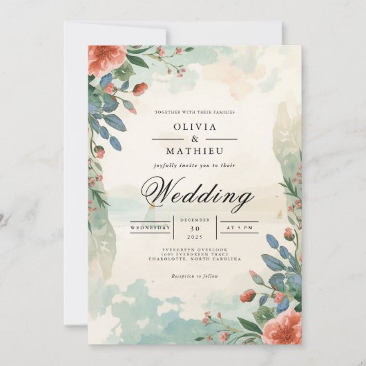 Invitation Mariage floral de corail Ethereal (Devant)
