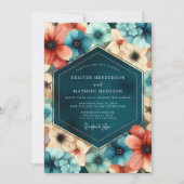 Invitation Mariage Floral de Corail Sarcelle en Forêt (Devant)