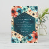 Invitation Mariage Floral de Corail Sarcelle en Forêt (Debout devant)