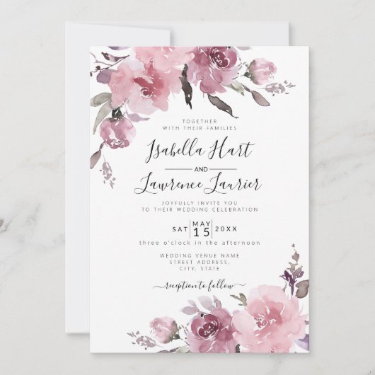 Invitation Mariage floral de couleur  bleu-dusty Rose (Devant)
