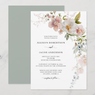 Invitation Mariage Floral de Fleur Sauvage Rose Vert Sauge