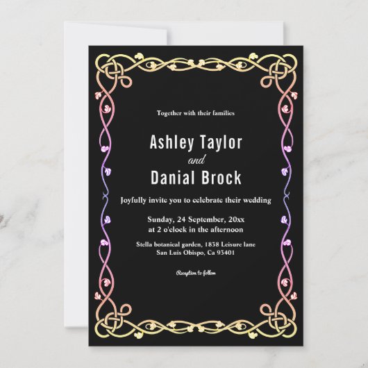 Invitation Mariage Floral De Frame De Neon Noir Et Blanc (Devant)