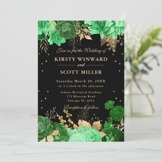 Invitation Mariage floral de frontière Rose vert et or (Debout devant)