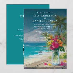 Invitation Mariage Floral de Jar Mason Code QR de Plage Tropi