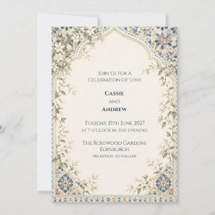 Invitation Mariage Floral de Jardin en Mosaïque Bleue