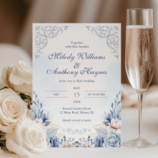 Invitation Mariage Floral de Jardin Français Bleu Poussiéreux